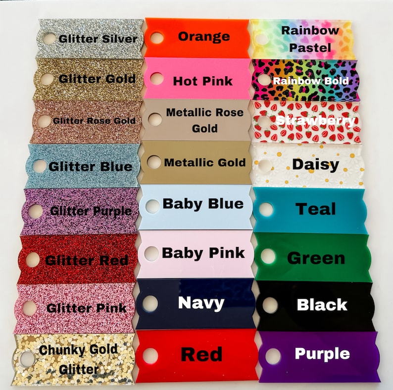 May include: A color chart featuring various acrylic swatches. Colors include glitter silver, gold, rose gold, blue, purple, red, pink, and chunky gold glitter. Solid colors are orange, hot pink, baby blue, baby pink, navy, and red. Other colors are rainbow pastel, rainbow bold, daisy, teal, green, black, and purple.