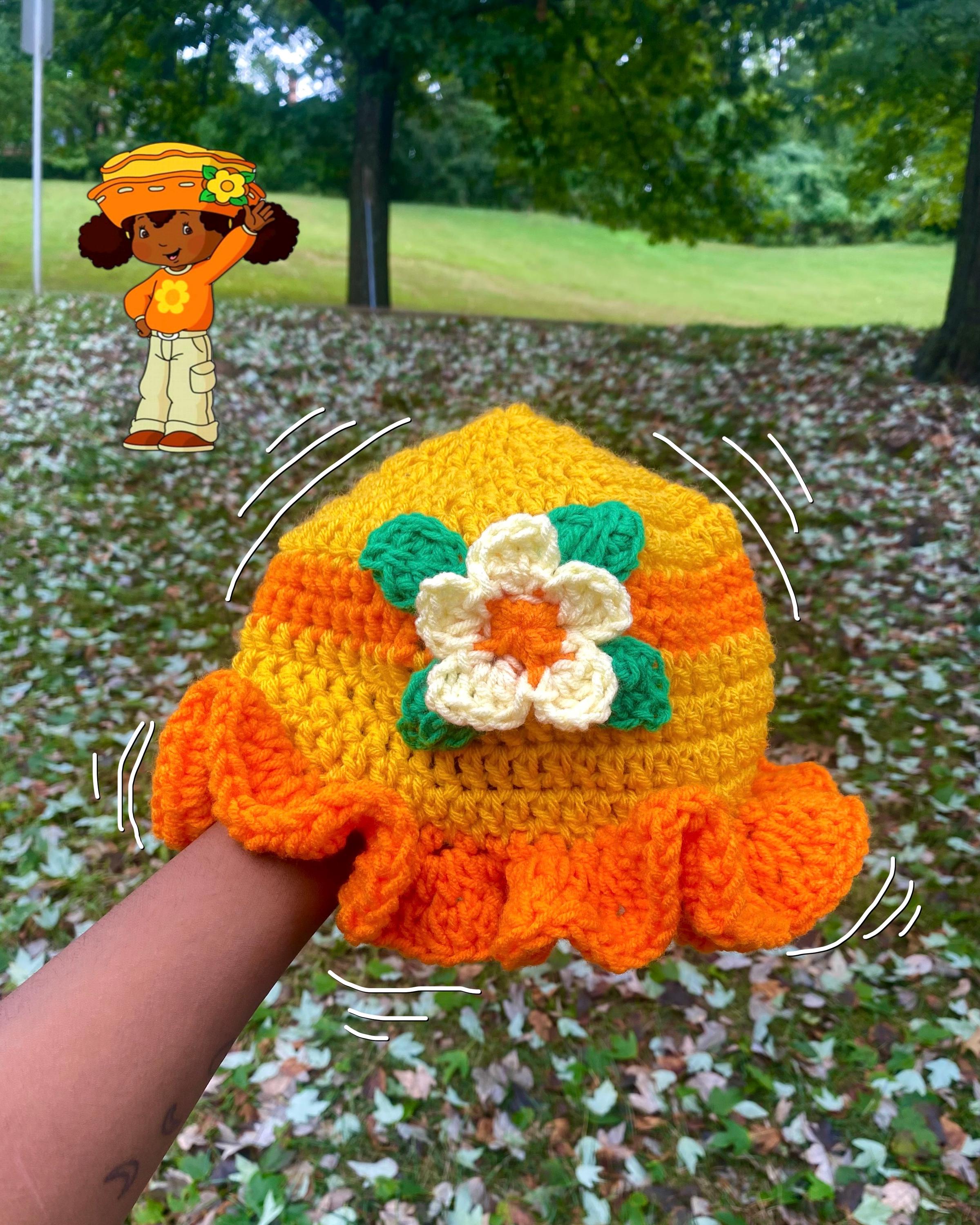 Crochet Flower Bucket Hat - Orange with Yellow & Black Flowers Yellow Daisy Crochet Bucket Hat: Handmade Summer Floral Cap  main image 2