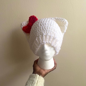 Crochet Kitty Cat Ear Beanie with Bow - Coquette Cottagecore