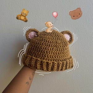 Teddy Bear Crochet Hat, Cute, Animal Beanie, Handmade, Kawaii, Hat with Ears, Cozy Fall Winter Gift