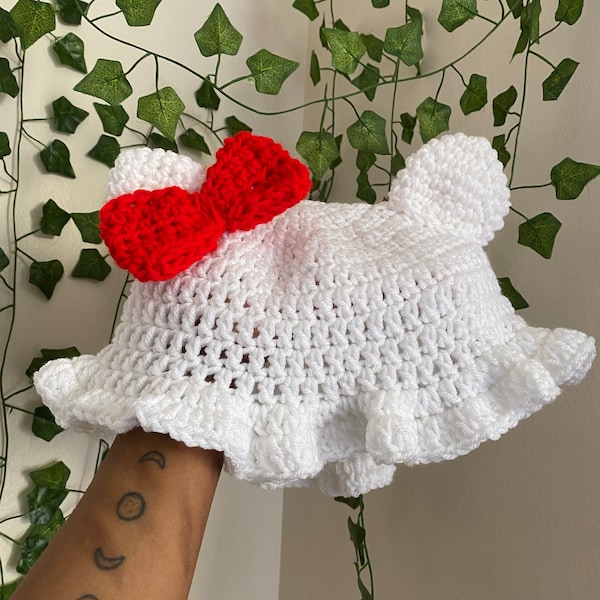 Kitty with Bow Crochet Hat, Coquette, Crochet Hat, Cottagecore, Hello hat, Cat Ear Hat, Kitty Hat, Rave Hat, Festival Accessories