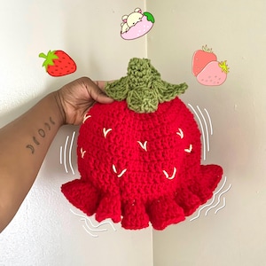 Strawberry Crochet Hat, Kawaii Bucket Hat, Cottagecore Ruffle Hat, Handmade Fruit Hat, Red Berry Hat, Gift for Her, Fairycore Accessory
