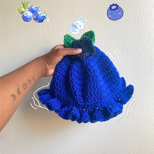 May include: A blue crocheted hat shaped like a blueberry with green leaves and a black crocheted centre.