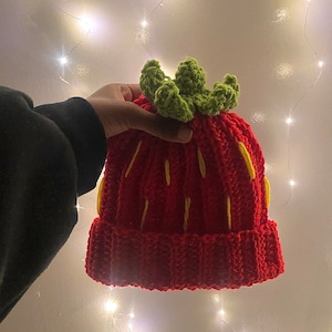 Strawberry Crochet Beanie, Adult Size Beanie, Handmade Accessories, Crochet gift