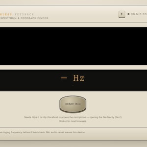May include: A digital interface titled Rackless Feedback Live Spectrum & Feedback Finder with a beige background. It features a black display area, a frequency readout showing - Hz, a Start Mic button, and text noting No Mic Found.