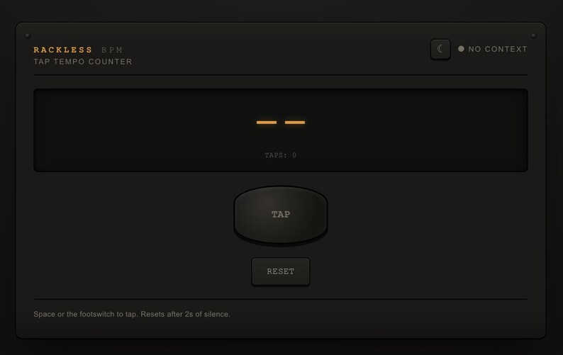 Peut inclure: Une interface num&eacute;rique gris fonc&eacute; &eacute;tiquet&eacute;e RACKLESS BPM TAP TEMPO COUNTER. Elle comprend un bouton central TAP, un bouton RESET et un &eacute;cran affichant deux tirets orange horizontaux avec le texte TAPS: 0. Le texte en bas indique : Space or the footswitch to tap. Resets after 2s of silence.