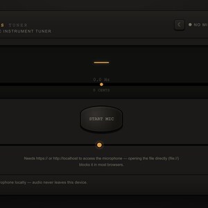 May include: A dark gray digital interface for a Rackless Chromatic Instrument Tuner. The screen displays a central Start Mic button, a frequency slider, and text indicating No Mic Found, 0.0 Hz, 0 Cents, and instructions for browser access.
