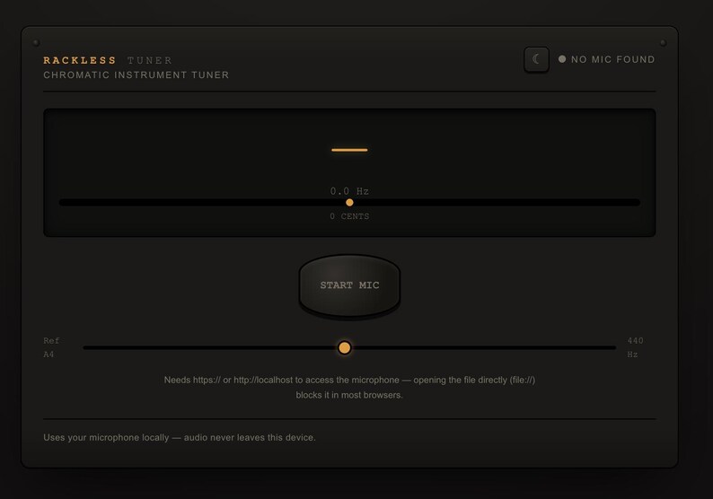 May include: A dark gray digital interface for a Rackless Chromatic Instrument Tuner. The screen displays a central Start Mic button, a frequency slider, and text indicating No Mic Found, 0.0 Hz, 0 Cents, and instructions for browser access.