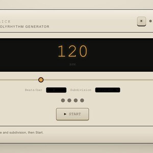 May include: A digital interface for the Rackless Click track and polyrhythm generator. The cream-colored panel features a black display showing 120 BPM, a slider, settings for beats per bar and subdivision, four circular indicators, and a Start button.