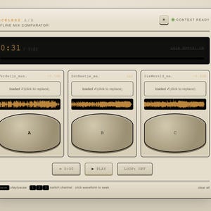 May include: A digital audio interface software window titled RACKLESS A/B OFFLINE MIX COMPARATOR. The interface features three slots labeled A, B, and C, each with a waveform display, a loaded status indicator, and a large oval button for selection.