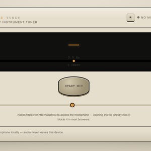 May include: A digital chromatic instrument tuner interface titled Rackless Tuner. The screen features a black display area, a Start Mic button, a frequency slider set to 440 Hz, and text indicating no microphone is found and local audio processing.