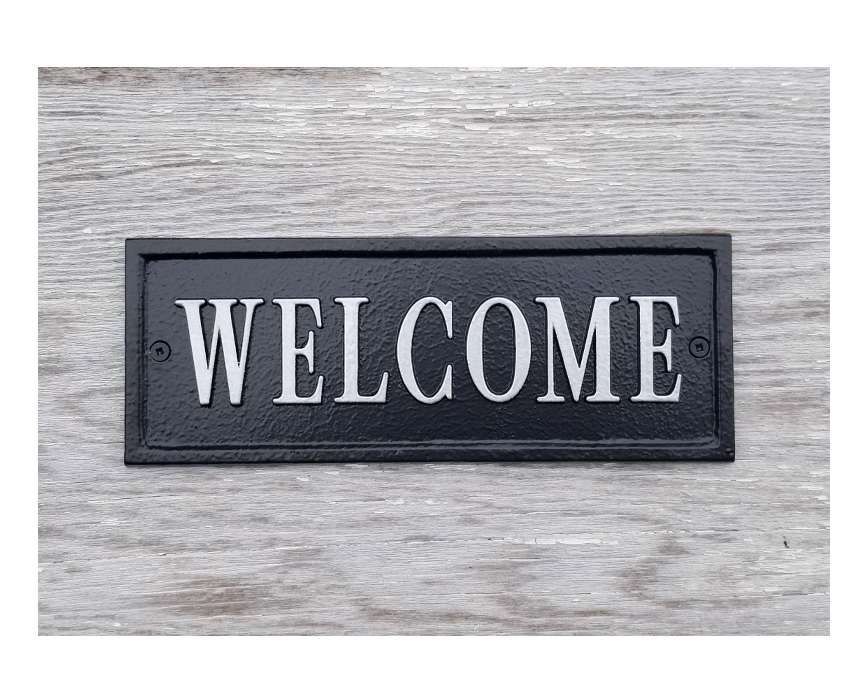 WELCOME Sign Stand Black Wrought Iron Tabletop Pine Cones Green Needles  Scrolls