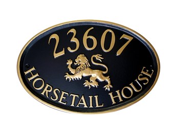 Cottage sign, address plaque,  cast metal address sign,  house sign, door sign, number sign, address sign, number plaque, heraldic lion