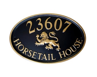 Cottage sign, address plaque,  cast metal address sign,  house sign, door sign, number sign, address sign, number plaque, heraldic lion