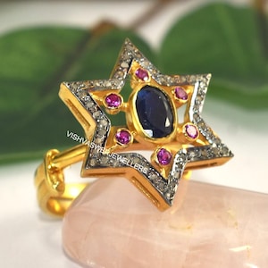 Blue Sapphire Ruby Star Ring, Gold Plated Vintage Statement Jewelry