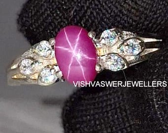 Anillo de rubí estrella vintage: plata de ley 925, piedra preciosa de 6 rayos
