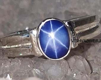 Blue Star Sapphire Ring: Handmade 925 Sterling Silver, 6-Ray Gemstone