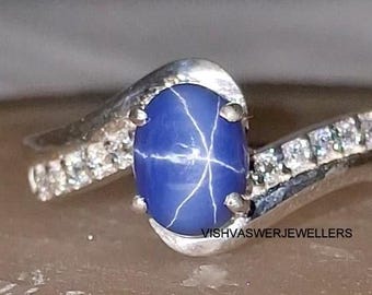 Blue Star Sapphire Ring, 925 Sterling Silver Anniversary Ring