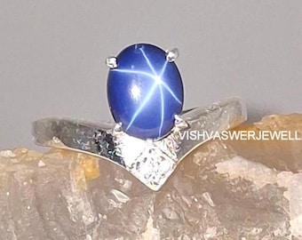 Blue Star Sapphire Ring: Vintage Sterling Silver Celestial Jewelry