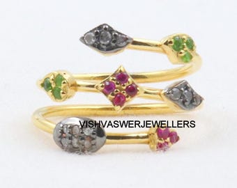 14K Gold Plated Multi Gemstone Ring: Ruby, Diamond & Tsavorite