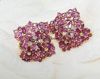 Brincos de rubi vintage, banhados a ouro e prata, joia com pedra do mês de julho.