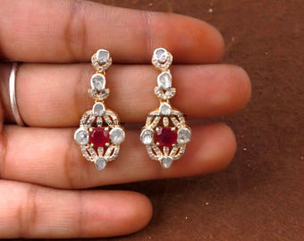 Ruby & Polki Diamond Drop Earrings: Gold-Plated Sterling Silver
