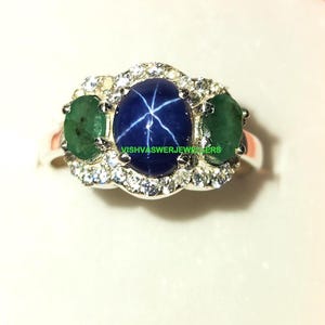Blue Star Sapphire Emerald Ring: 925 Sterling Silver