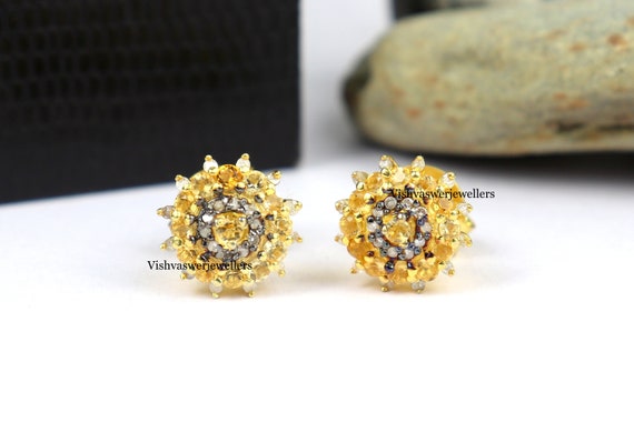 Handmade Victorian Citrine Stud Earrings: Pave Diamond, Sterling