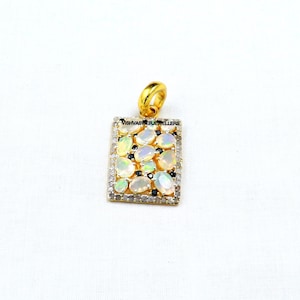 Ethiopian Opal Pendant Necklace: Gold Plated Sterling Silver, Polki Diamond Halo
