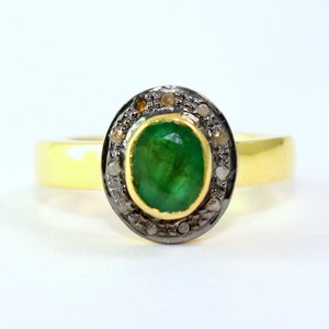 Amazing 925 Sterling Silver Ring Natural Emerald And Pave Diamond Handmade Ring Round Shape Ring Antique Finish Ring Victorian Style Ring