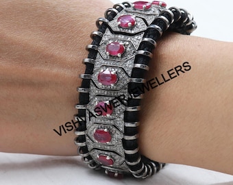 Ruby Pave Diamond Macramé Bracelet: Black Thread, Sterling Silver