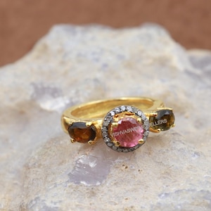 Multi Tourmaline Ring: 14K Gold Plated Sterling Silver, October Birthstone