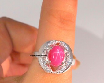 Star Ruby CZ-ring: vintage 925 sterlingzilver, geboortesteen juli
