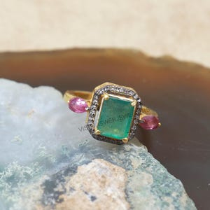 Smaragd Rubin Ring: Vergoldeter 925 Sterlingsilber Pave Diamant Ring