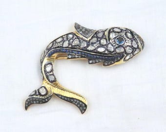 Sapphire Diamond Fish Brooch: Art Deco 925 Silver Pin