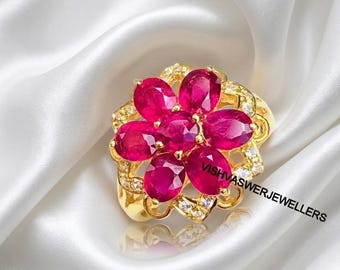 14k Gold Plated Sterling Silver Ruby Ring: Floral Statement Jewelry