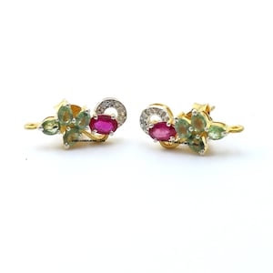 Red Green Tourmaline Earrings: Gold Plated Sterling Silver Floral Studs