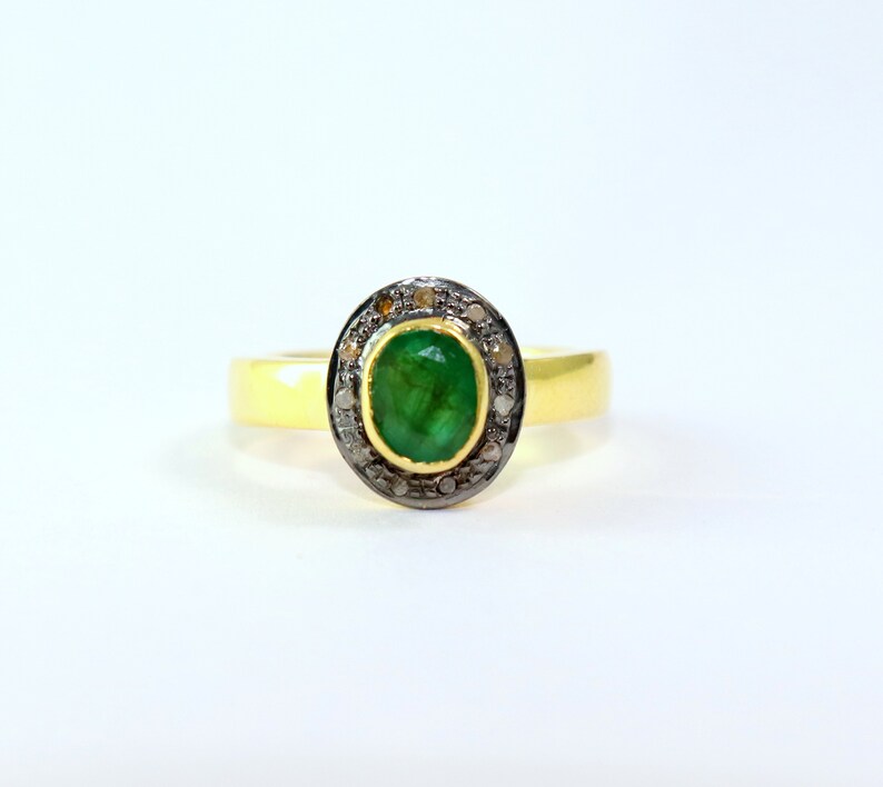 Amazing 925 Sterling Silver Ring Natural Emerald And Pave Diamond Handmade Ring Round Shape Ring Antique Finish Ring Victorian Style Ring