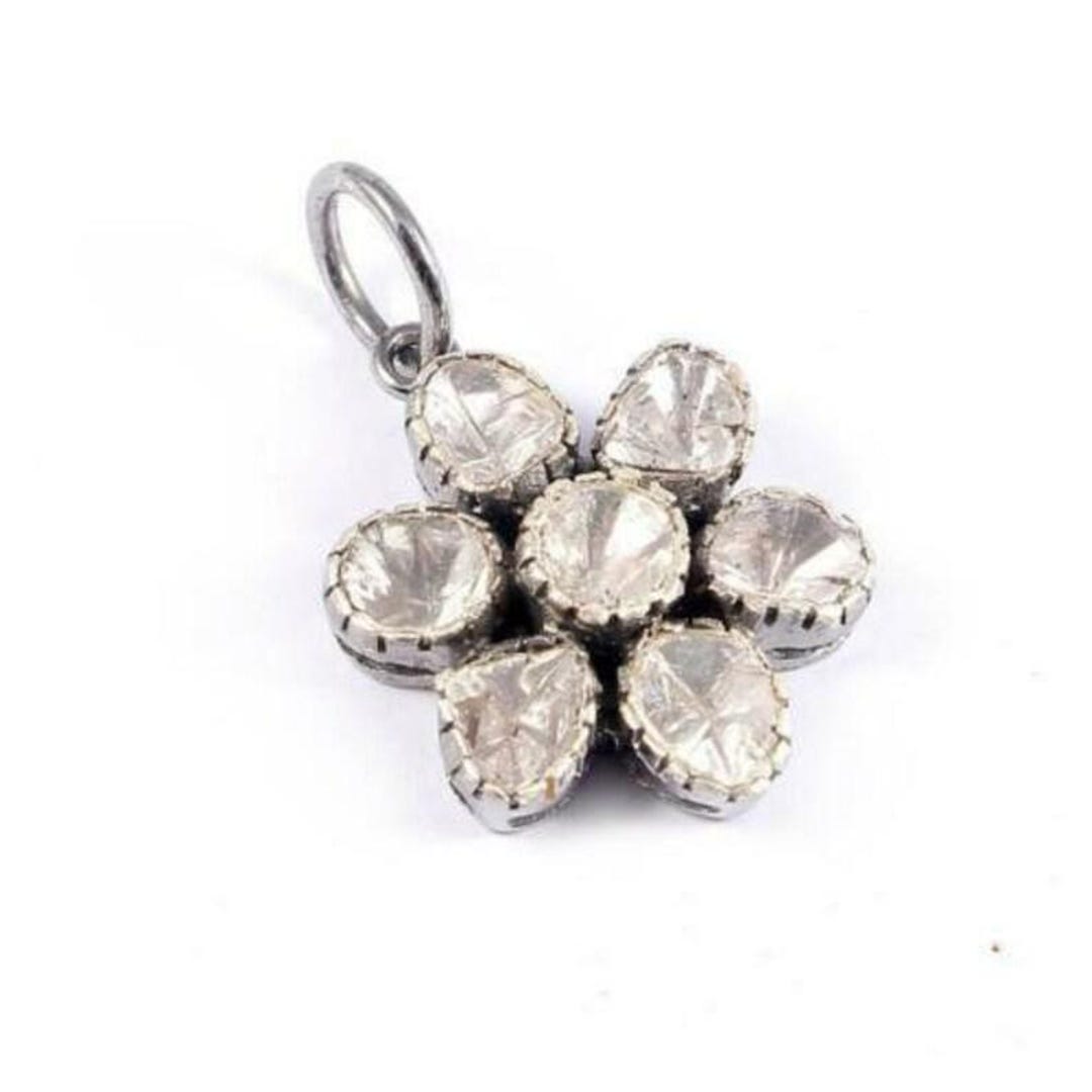 Pendentif Fleur Diamant Polki & Pavé Argent 925 - Orné Rose Cut - Art Déco - Neuf Sans Emballage