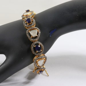 Blue Sapphire & Polki Pave Diamond Bracelet, 925 Sterling Silver Bracelet, Gold Plated Jewelry,  Gemstone Weeding Gift Item For Women&#39;s