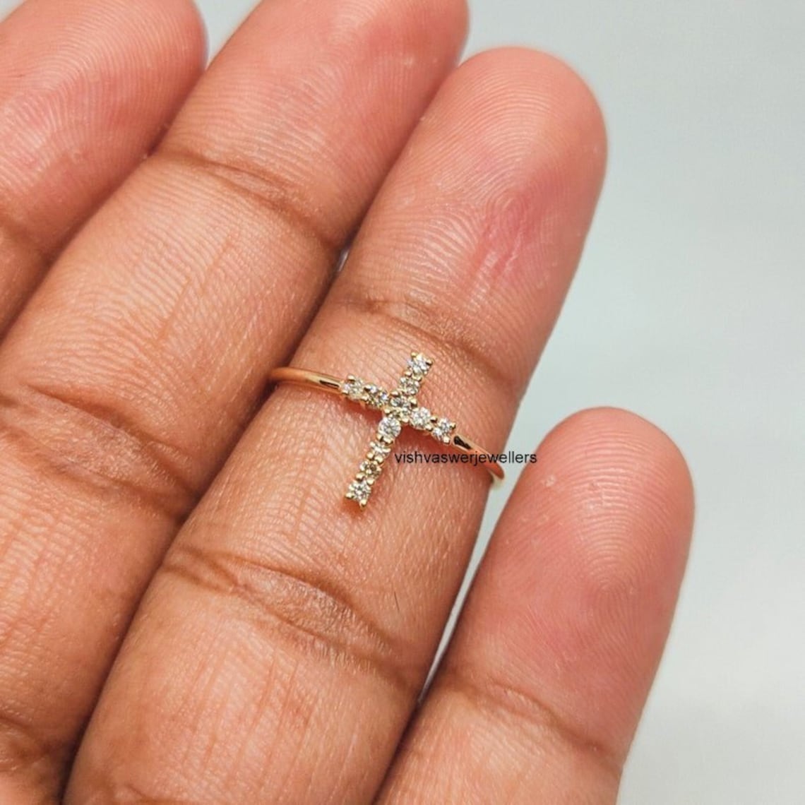 Gold Diamond Cross Ring Christian Ring 14K Solid Gold Ring Jesus Ring 0