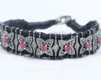 Emerald Ruby Diamond Bracelet: Pave Diamond 925 Sterling Silver