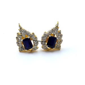 Blue Sapphire Halo Stud Earrings: Gold-Plated Sterling Silver