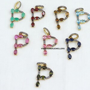 1 peça esmeralda, topázio, rubi, granada, safira, turmalina, peridoto pavê diamante pingente alfabeto colar pingente de pedra preciosa, joias de prata 925