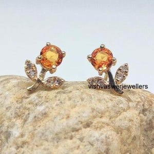 Orange Sapphire Flower Earrings: 14k Solid Gold Diamond Studs