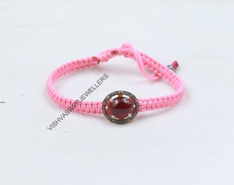 Pave Diamond Ruby Macrame Bracelet: Sterling Silver Friendship Jewelry