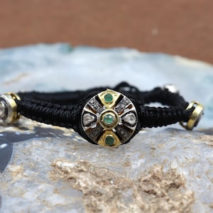 Polki Diamond & Emerald Bracelet: Gold Plated 925 Sterling Silver Bangle