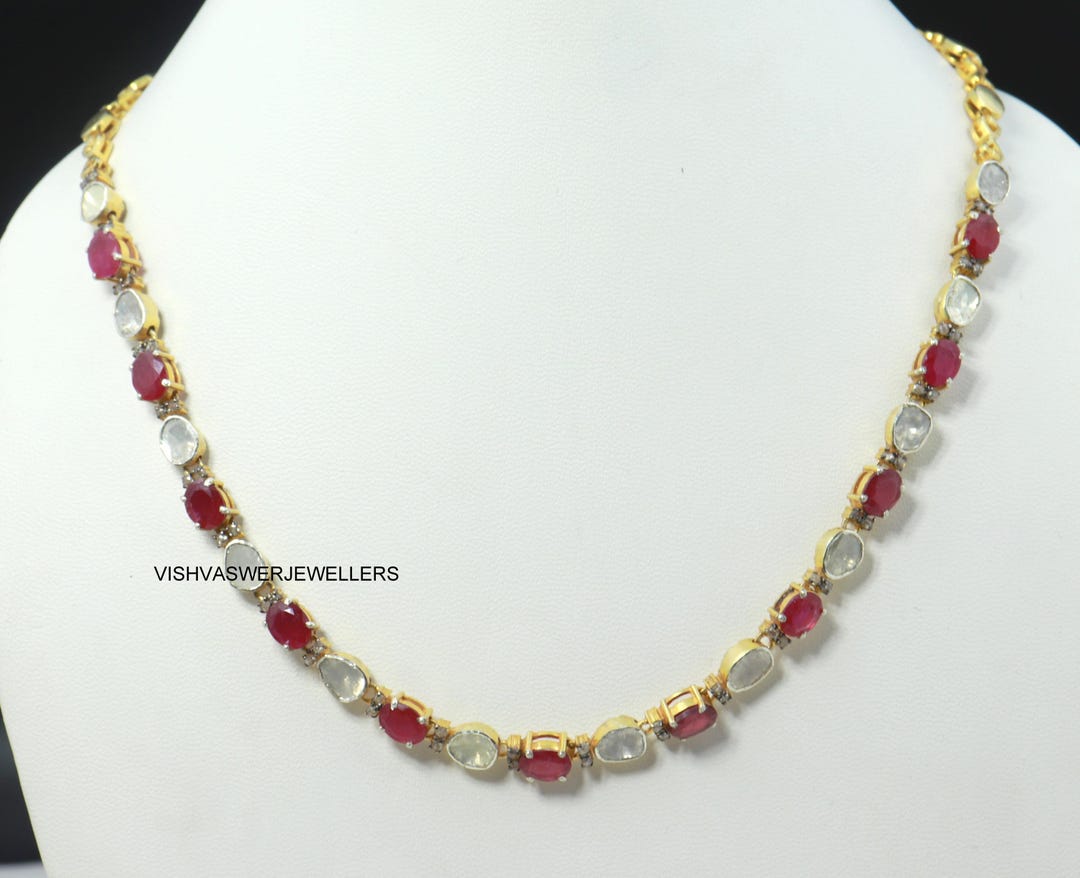 Ruby Radiance Silver Tone Polki Necklace Set