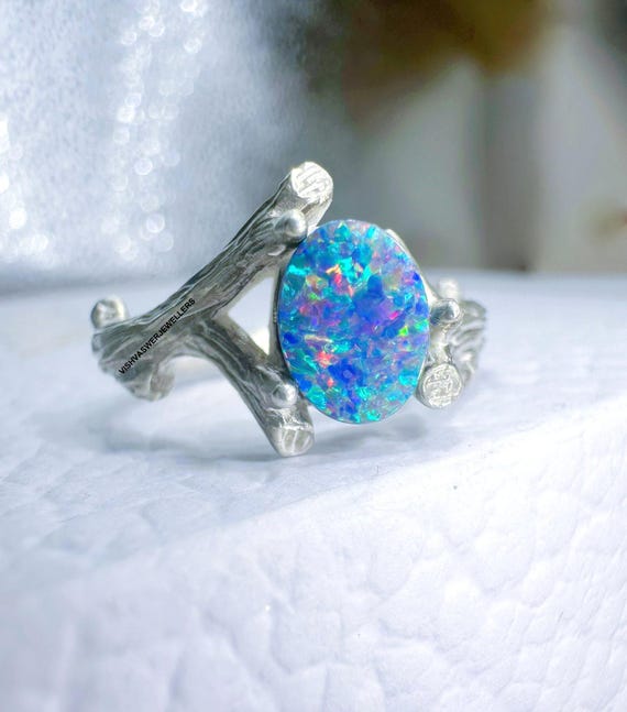Blue Fire Opal Tree Branch Ring 925 Sterling Silver Handmade