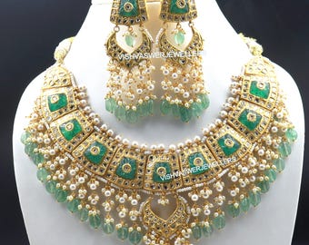 Handmade Kundan Choker Set: Green Beads, Pearl Indian Bridal Jewelry